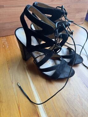 Sam Edelman Yardley Black Suede Lace-Up Croc-Embossed Block Heel Sandals